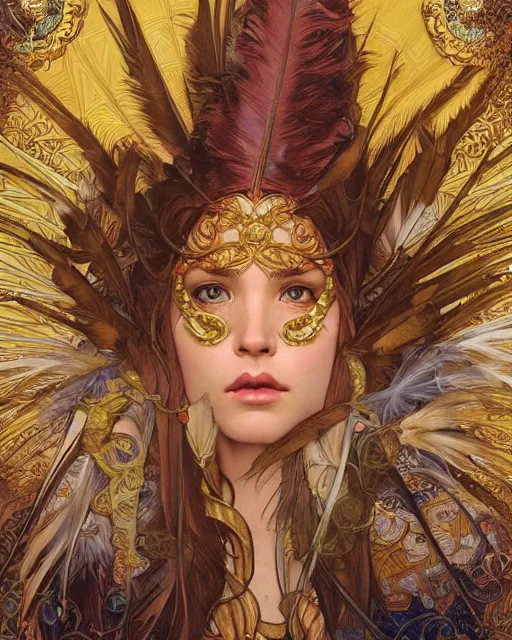 Prompt: realistic detailed portrait of an Aztec princess, feathers, gold, by Alphonse Mucha, Amano, Charlie Bowater, Karol Bak, Greg Hildebrandt, Jean Delville, and Mark Brooks, Art Nouveau, Neo-Gothic, gothic, rich deep moody colors