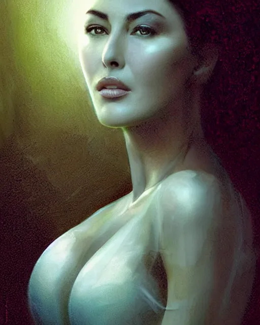 Prompt: majestic, gracious, pragmatic, charismatic regal character monica bellucci as persephone from the matrix, face centered portrait, confident, high society building, elite, sterile minimalistic room, classic architecture, fog, volumetric lighting, illustration, perfectly shaded, greenish tinge, cold lights soft painting, art by krenz cushart and wenjun lin