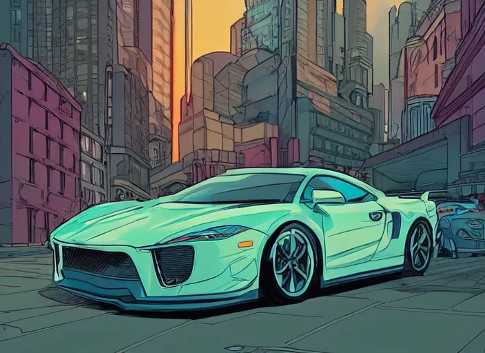 Image similar to a sport car in a city, sharp focus. cinematic pose, cinematic lighting, art by josan gonzales and moebius and deathburger.