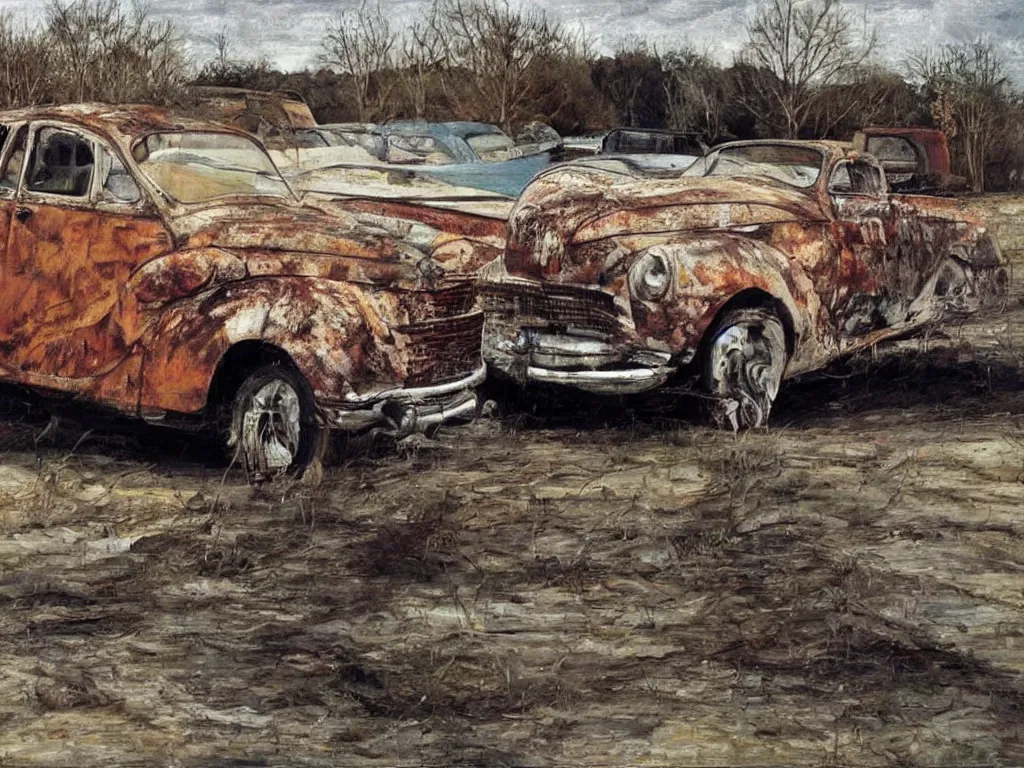 Image similar to Rusty old car. Painting by Lucian Freud.