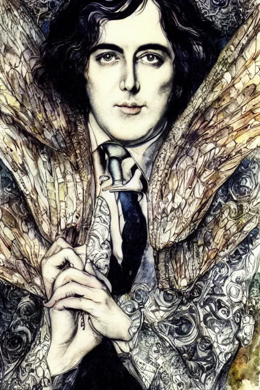 Image similar to oscar wilde realistic portrait closeup surrounded by bat wings, art by luis royo and walter crane and kay nielsen, watercolor illustration,