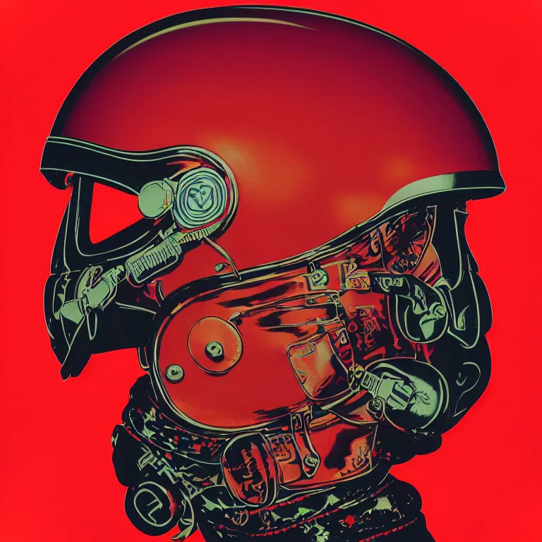 Prompt: portrait of a third reich soldier in ornate motorcycle dirt helmet in a helmet background red plastic bag, circuitboard,, rich deep colors, by shusei nagaoka kaws david rudnick airbrush on canvas pastell colors cell shaded 8 k, 5 mm