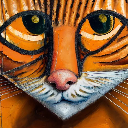 Image similar to close up of an orange tabby cat, front angle, by Lucian Freud and Jenny Saville and Anselm Kiefer, oil painting, rust, Scaffolding, rusted metal and sunflowers, iron cladding, decay, mixed media, textured, anatomically correct, beautiful perfect face, visible brushstrokes, sharp focus, Highly Detailed, Cinematic Lighting, 8k, HD