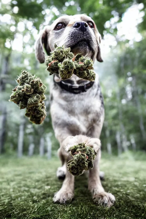 Image similar to national geographic professional photo of a cannabis dog, award winning, 4 k, highly detailed