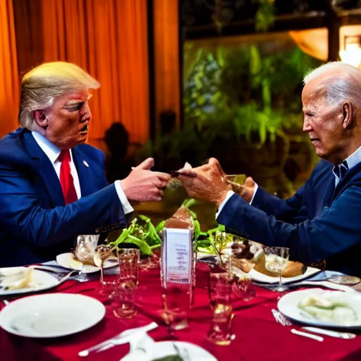 Image similar to Trump and Biden having dinner at a fancy Balinese restaurant, award winning photography, 85mm, perfect faces