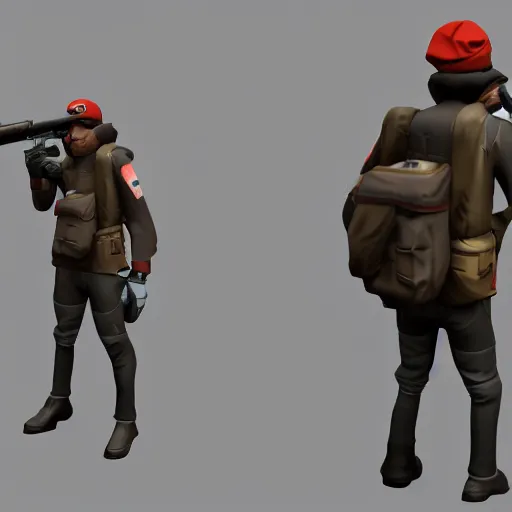 Prompt: the scout from tf 2 running with a gun in his hand, polycount, dada, dynamic pose, sabattier effect, rtx