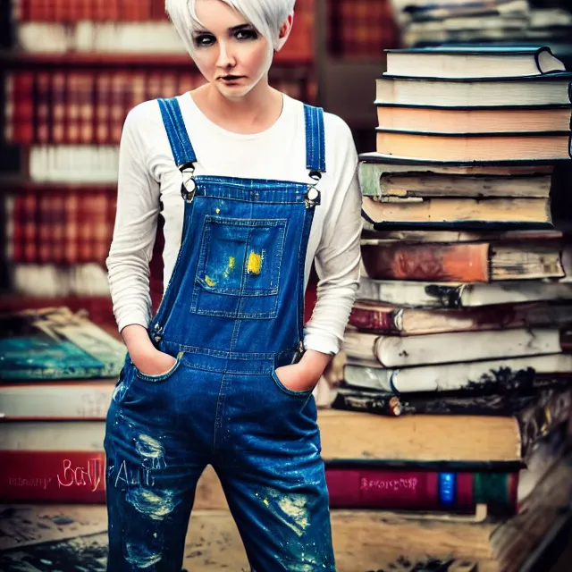 Image similar to full body pose, beautiful adult woman, short white hair shaved sides, dirty, grungy, grunge, long sleeve, painted overalls, stacks of giant books, highly detailed, 4 k, hdr, smooth, sharp focus, high resolution, award - winning photo, artgerm, photorealistic