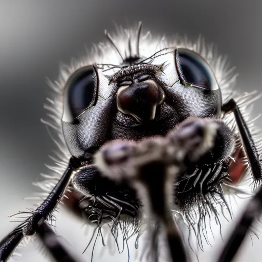 Prompt: a macro photograph of a fly sticking it's tongue out