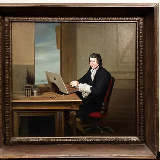 Image similar to 18th century painting of a man sitting at his desk, frustrated with his computer, oil painting, very detailed, 4k