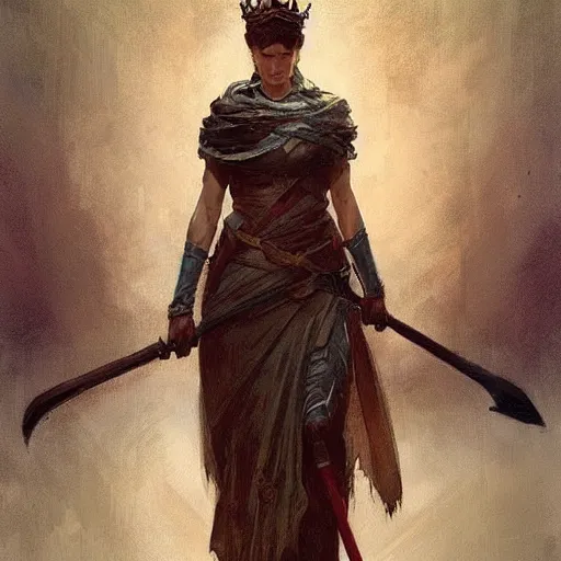 Prompt: a tall woman with dark hair with a crown on her head and a spear in her hand , highly detailed, digital painting, Artstation, concept art, smooth, sharp focus, illustration, art by Greg Rutkowski, Alphonse Mucha