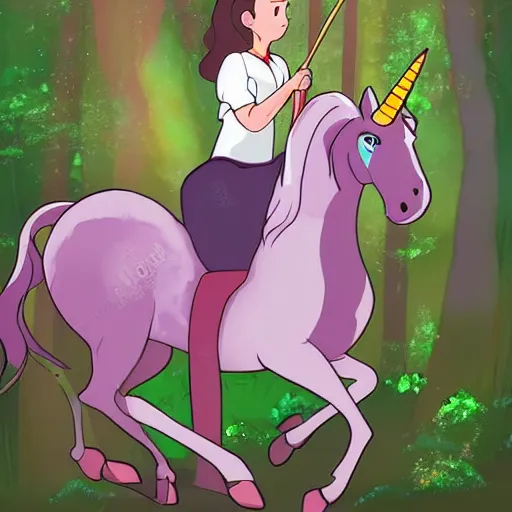 Image similar to a bautiful girl riding a unicorn in the forest. Digital art in the style of studio ghibli