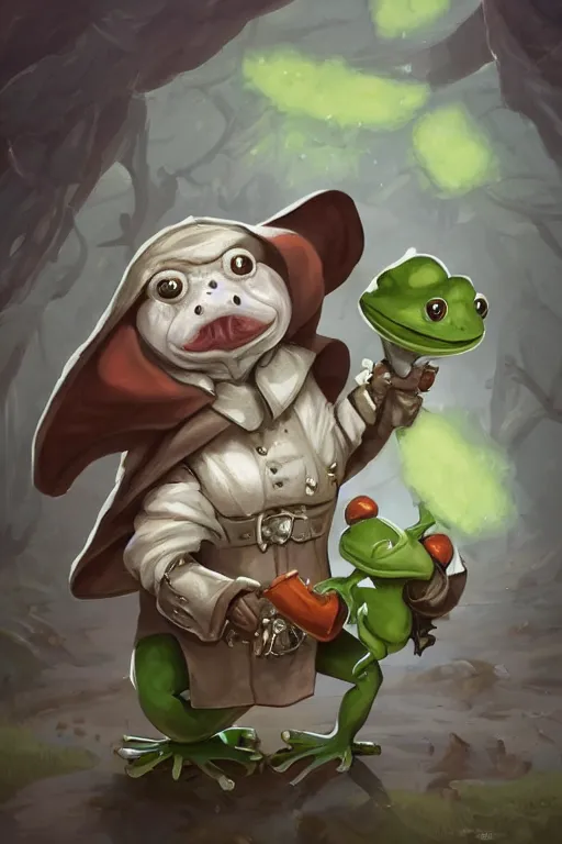 Prompt: cute anthropomorphic frog wearing a white butcher coat with a butcher hat and holding a cleaver knife ,tiny, small, miniature frog, baby animal, short, pale blue armor, cute and adorable, pretty, beautiful, DnD character art portrait, matte fantasy painting, cgsociety Artstation, by Jason Felix by Steve Argyle by Tyler Jacobson by Peter Mohrbacher, cinematic lighting