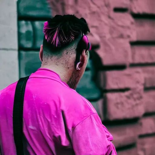 Prompt: street portrait of a pink with a pink mohawk, looking to his phone, candid portrait, street photography, high detail, 5 0 mm lens, heavy bokeh, fine details