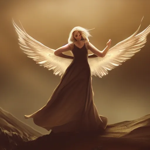 Image similar to very pretty blond female angel with large wings landing on a mountain top, shallow depth of field, moody lighting, 8 k, concept art, martina fackova,