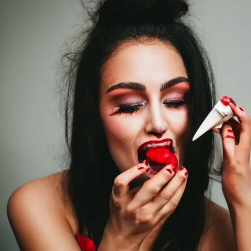 Prompt: close up photo of a woman's mouth wearing red lipstick and eating ice cream