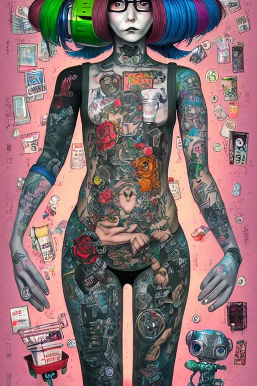 Prompt: full view, from a distance, of anthropomorphic trashcan who is a girl with tattoos from the novel neuromancer by william gibson, style of yoshii chie and hikari shimoda and martine johanna, highly detailed