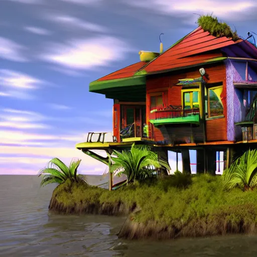 Image similar to Gorillaz Plastic Beach house on island, Realistic, HDR, 2010 style,,