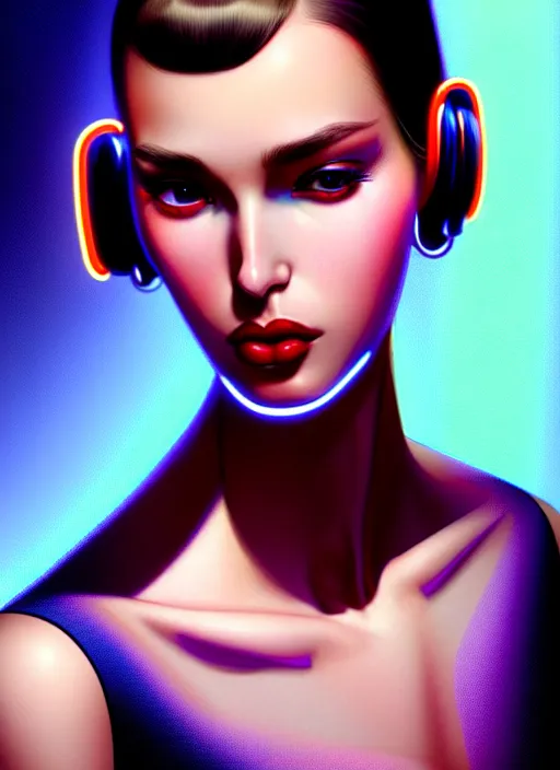 Image similar to photorealistic portrait of female humanoid, highly intricate, retro 6 0 s haute couture fashion, elegant, highly detailed, crispy quality and cyber neon light reflections, artstation, pinterest, glamor pose, no signature, no watermark, art by artgerm and greg rutkowski