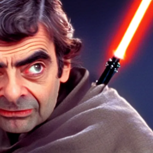 Image similar to Still of Mr. Bean as jedi master Obiwan kenobi!!!!. in Star Wars (1977). detailed eyes. medium shot, technicolor. light saber