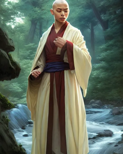 Prompt: a robed apprentice air bender, woodland river scene, fantasy character portrait, ultra realistic, intricate, elegant, highly detailed, digital painting, artstaion, smooth, sharp, focus, illustration, art by artgerm and greg rutkowski and alphonse mucha