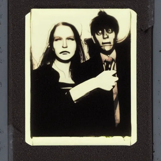 Image similar to selfie with a skull and an angel in the street of Night Vale, polaroid photo, by Warhol,