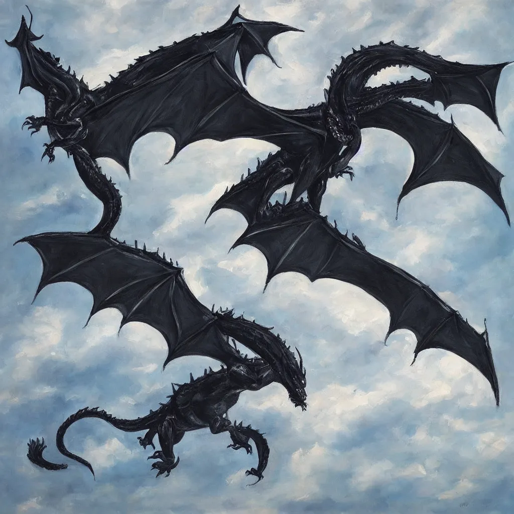 Image similar to “a painting of a large black dragon flying through the sky”