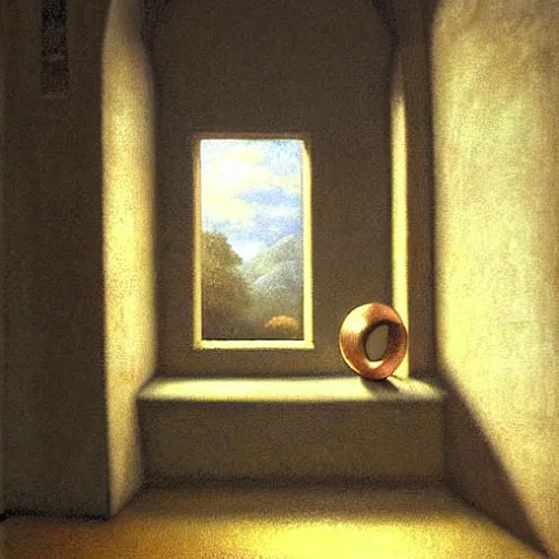 Prompt: still life painting of a room with a balcony. in the center lays an ancient holy artifact, shaped like torus ring, chromed and ornate with gentle iridescent shine from within. the ring lays on top of a pedestal. perspective from the side. realistic light and shadows. moody fantasy art, still life renaissance pastel painting. in the style of vermeer