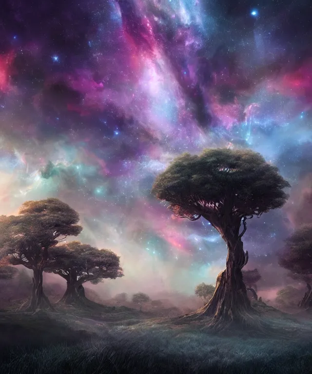 Image similar to a beautiful dreamlike terrain with large twisting trees and the nebula peeking through the sky, digital matte painting by yucong tang