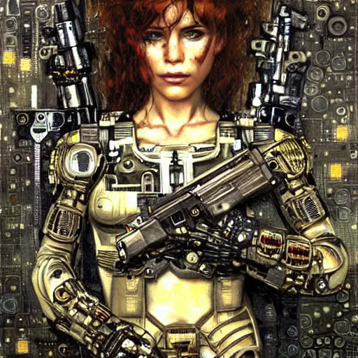 Prompt: cybernetic female supersoldier armed with laser rifle, intricate detail, klimt, royo, whealan,