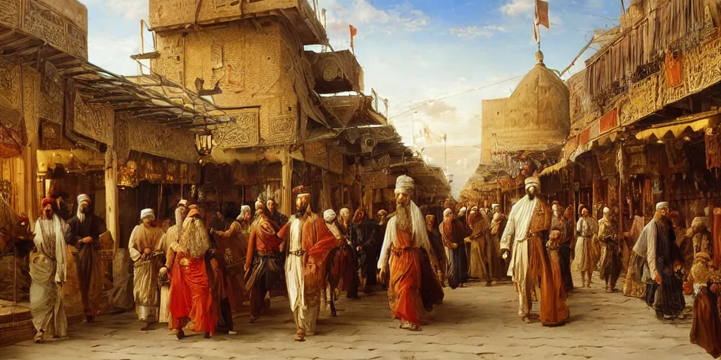 Image similar to Highly detailed and cinematic romantic period oil painting of the Persian king Cyrus the great walking through a bazaar, strong atmosphere, oil painting masterpiece by Josep Tapiró Baró, symmetry, fractals