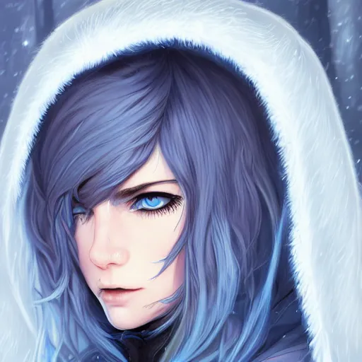 Prompt: cryomancer, flowing white hair, blue eyes, parka, androgynous, beautiful, detailed symmetrical close - up portrait, intricate complexity, in the style of artgerm and ilya kuvshinov, cel - shaded