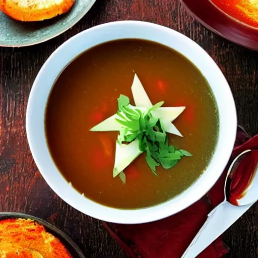 Prompt: a bowl of soup that looks like Mars