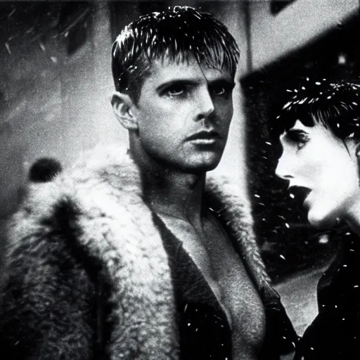 Image similar to old black and white photo, 1 9 3 3, depicting blade runner and replicant, ultra realistic face, leica, historical record, dramatic lighting