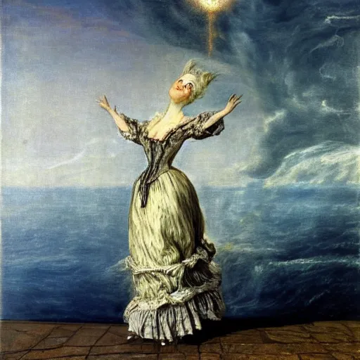 Image similar to Marie Antoinette levitating over the sea. by El Greco, Remedios Varo, Salvador Dali, Carl Gustav Carus, John Atkinson Grimshaw. high detail, great lighting, 8k resolution, masterpiece, concept art, illustration