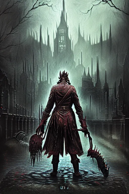 Image similar to grainy wet werewolf oil painting, horror, lovecraftian horror, bloody, pools of blood, reflecting, set in the bloodborne videogame