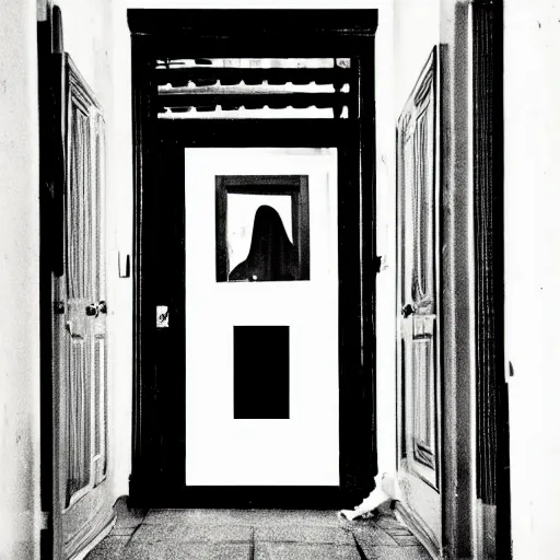 Image similar to a ghost peeks around a doorway, horror, home video