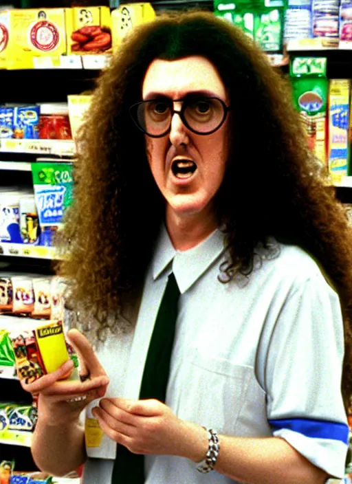 Image similar to weird al yankovic in a grocery store circa 1 9 9 7, ultra realistic