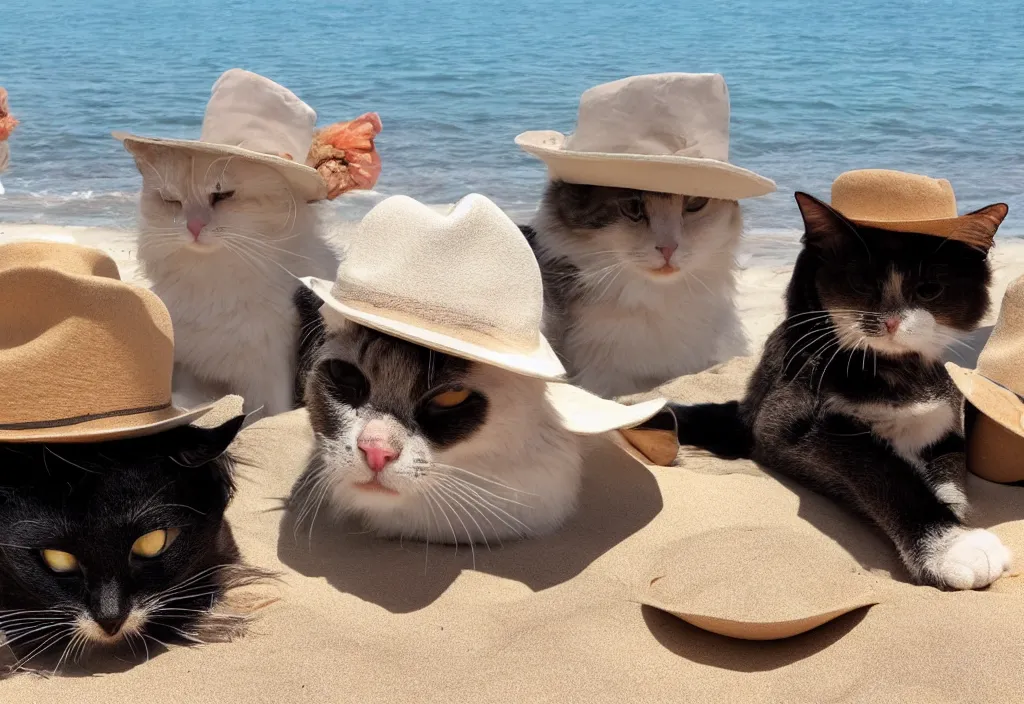 Image similar to cats wearing fedoras relaxing on a beach