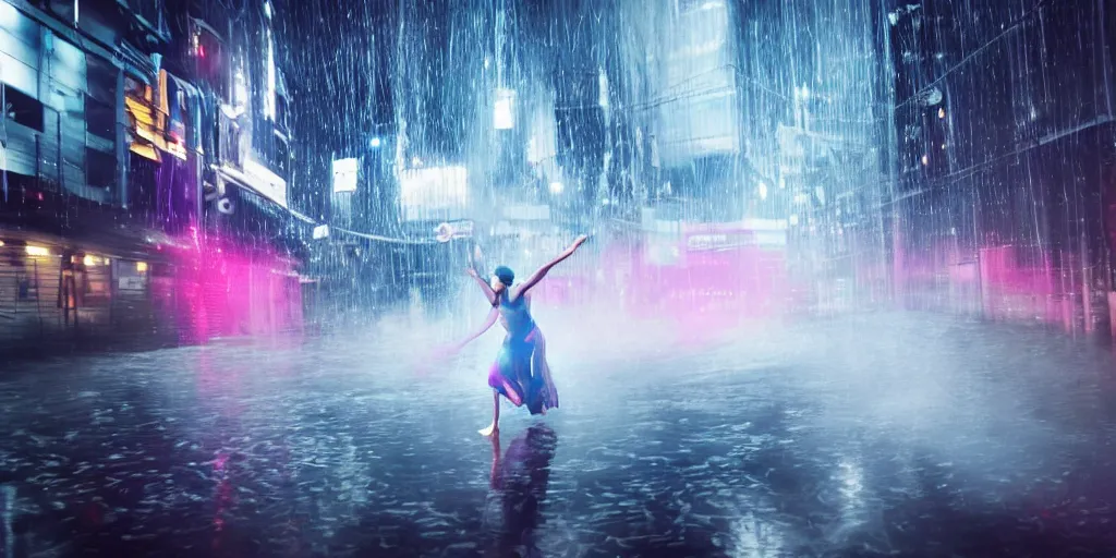 Image similar to fisheye lens slow motion with trail effect of futuristic break dancer wearing floating long dress with neon lights, long exposure shot , at night in the middle of a rainy wet street, paddle of water, steam, fog, water splashes, rim lights, glossy reflections, water droplets on lens, octane render, dark and dramatic, fire explosions in the background, detailed and soft, fisheye lens, smooth, sharp focus, illustration, art by artgerm and greg rutkowski and Annie Leibovitz, graphic glitches, vogue, editorial fashion photography