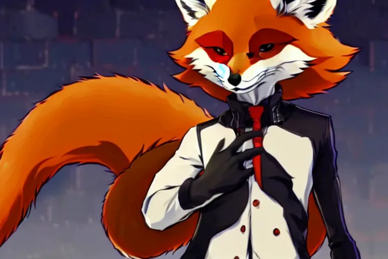 Image similar to a furry tan male fox on a persona 5 : royal ( by atlus ) video game splash screen, a furry male sandy sand - colored beige tan fur fox fursona ( has light brown hair ), persona 5 phantom thief style