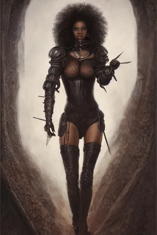 Prompt: breathtaking detailed soft painting of a sexy black girl knight in leather, with long hair and piercing eyes, medieval plaza at twilight, symmetrical realistic facial features, rembrandt style, elegant, highly detailed, artstation, concept art, matte, sharp focus, art by tom bagshaw, kelogsloops and greg rutkowski