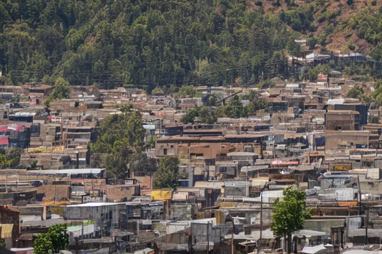 Image similar to looking down street, warehouses lining the street. hills background with trees and radio tower on top. telephoto lens compression.