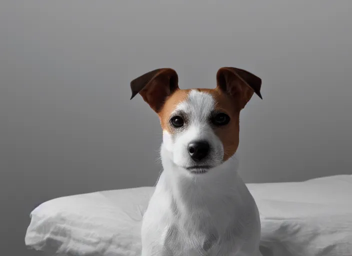 Image similar to photography of a Jack Russel . watching outside the window. on a bed .in a 3d rendered white room. octane render, 3d, foggy, volumetric light, volumetric fog, photorealistic, unreal engine 5, award winning photo, 100mm, sharp, cloth, high res