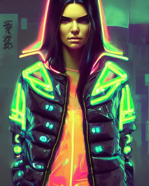 Prompt: neon operator kendall jenner, cyberpunk futuristic neon, reflective puffer jacket, decorated with traditional japanese ornaments by ismail inceoglu dragan bibin hans thoma greg rutkowski alexandros pyromallis nekro rene maritte illustrated, perfect face, fine details, realistic shaded, fine - face, pretty face