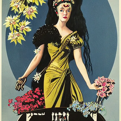 Prompt: a royal portrait of a cyborg woman. she holds a globe in one hand and flowers in the other. illustrated by burton rice. black orchid movie poster. 1 9 1 2.