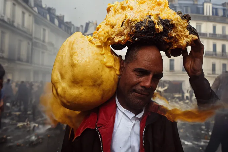 Prompt: closeup potrait of a man carrying molten cheese over his head during a fire in Paris, photograph, natural light, sharp, detailed face, magazine, press, photo, Steve McCurry, David Lazar, Canon, Nikon, focus