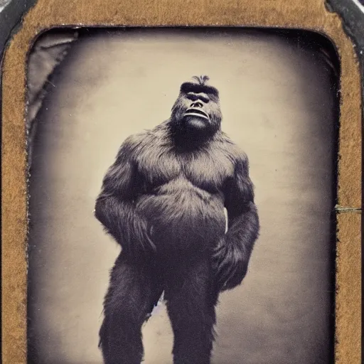 Image similar to a tintype family photo of bigfoot