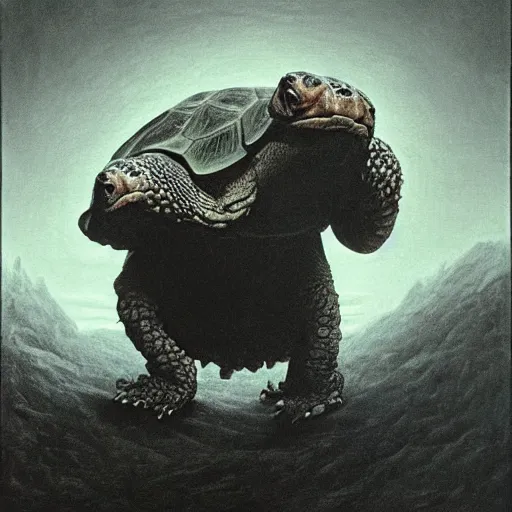 Prompt: A tortoise covered in blood, roaring in antipication of death, style of keith thompson, laurie lipton, Zdzisław Beksiński