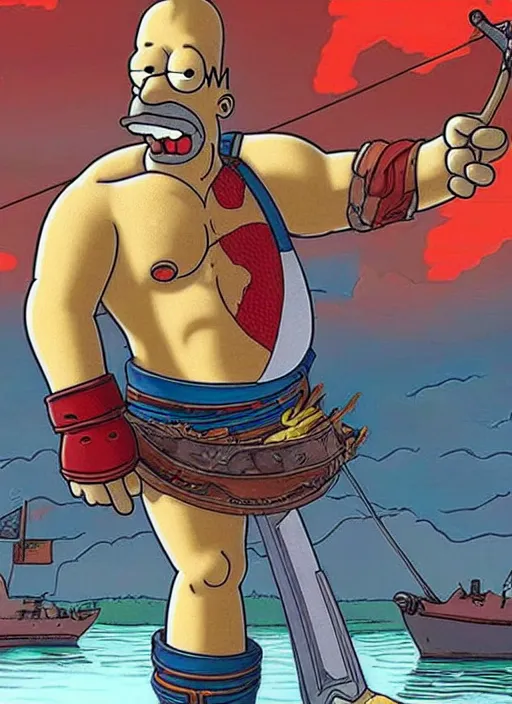 Image similar to Homer Simpson:: depicted as Kratos God of War, high detailed official artwork