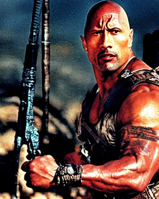 Image similar to film still close up shot of dwayne johnson in the movie mad max 2 the road warrior. photographic, photography